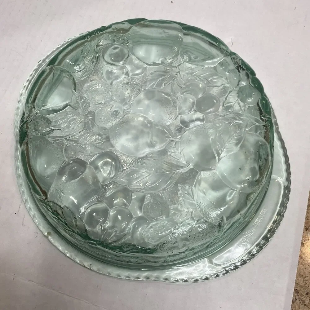 Indiana Glass Madeira 3pc Green Ovenware Set Casseroles Libbey Orchard Fruit VTG